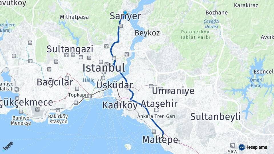 İstanbul Sarıyer Maltepe Arası Kaç Km - Yol Haritası