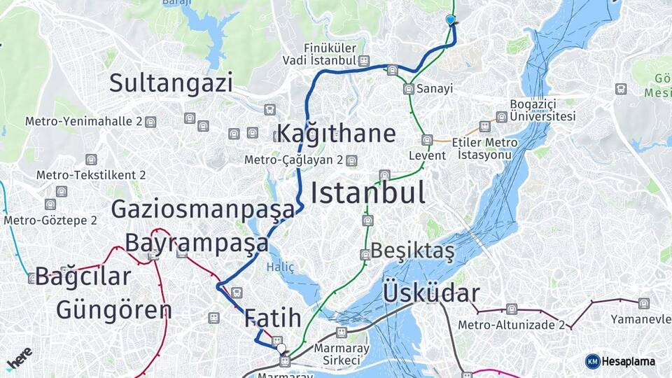 İstanbul Sarıyer Maslak Aksaray Fatih Arası Kaç Km - Yol Haritası