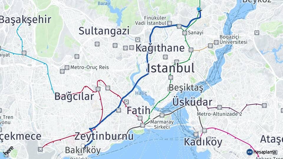 İstanbul Sarıyer Maslak Bakırköy Arası Kaç Km - Yol Haritası