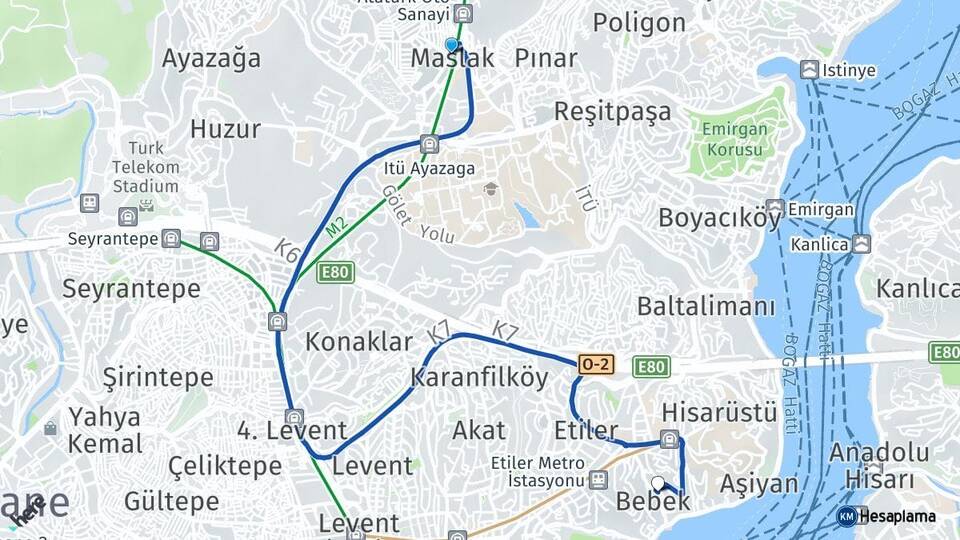 İstanbul Sarıyer Maslak Bebek Beşiktaş Arası Kaç Km - Yol Haritası