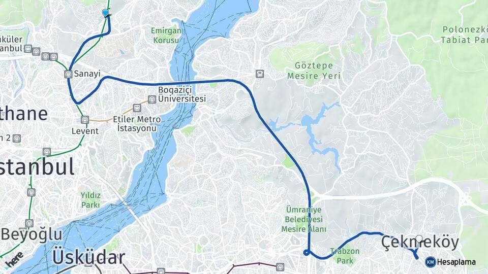 İstanbul Sarıyer Maslak Çekmeköy Arası Kaç Km - Yol Haritası