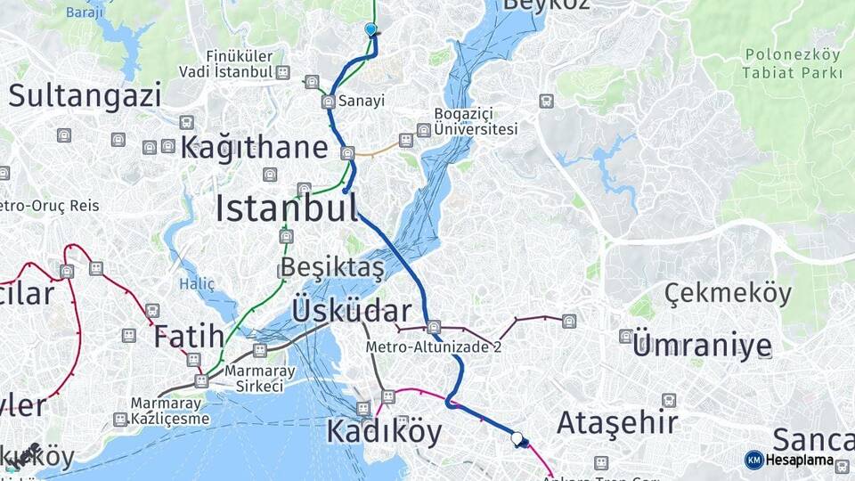 İstanbul Sarıyer Maslak Sahrayıcedit Kadıköy Arası Kaç Km - Yol Haritası