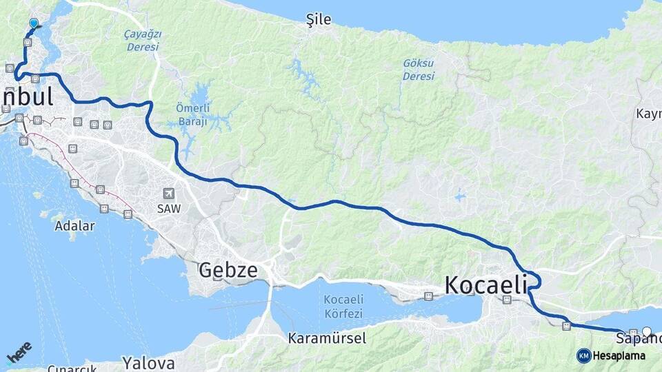 İstanbul Sarıyer Sapanca Sakarya Arası Kaç Km - Yol Haritası