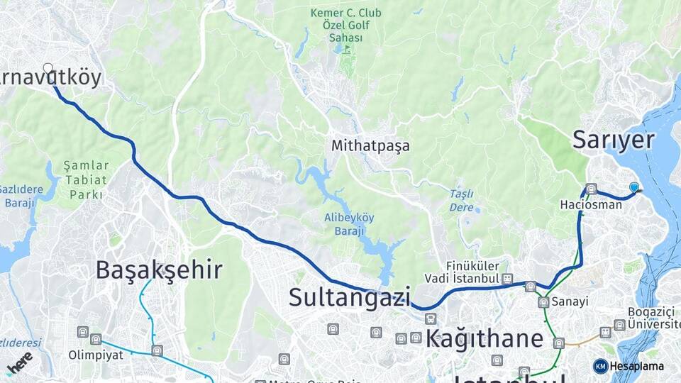 İstanbul Sarıyer Tarabya Arnavutköy Arası Kaç Km - Yol Haritası