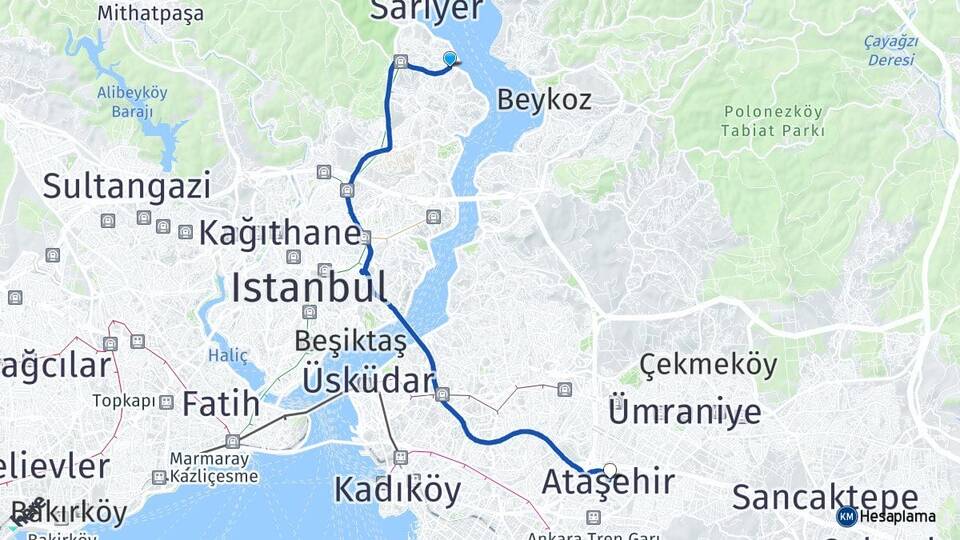 İstanbul Sarıyer Tarabya Ataşehir Arası Kaç Km - Yol Haritası
