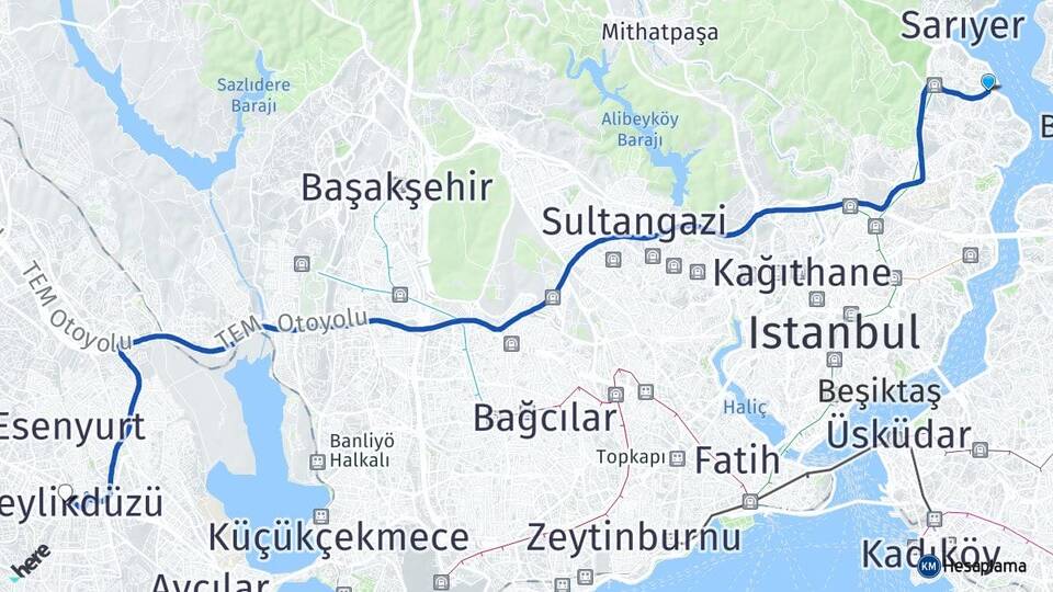 İstanbul Sarıyer Tarabya Beylikdüzü Arası Kaç Km - Yol Haritası