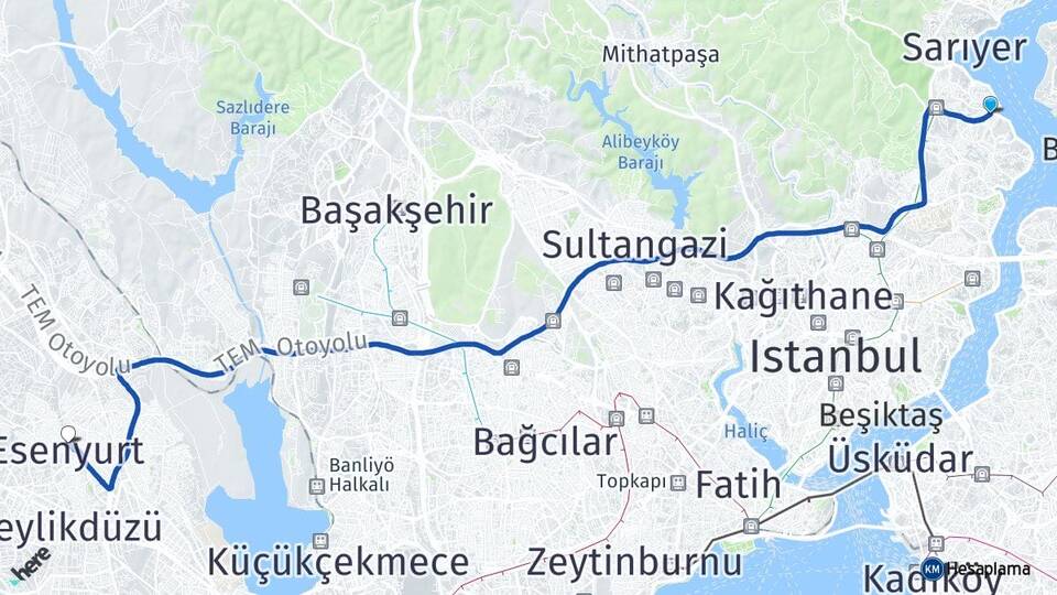 İstanbul Sarıyer Tarabya Esenyurt Arası Kaç Km - Yol Haritası