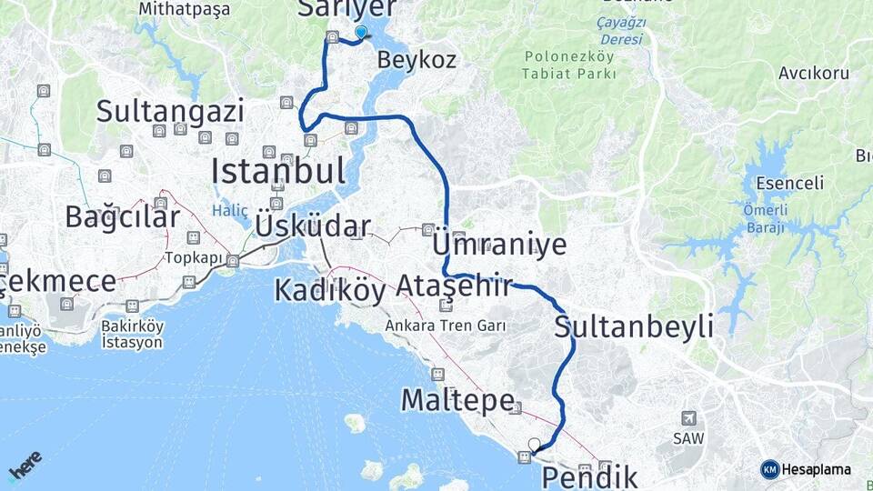 İstanbul Sarıyer Tarabya Kartal Arası Kaç Km - Yol Haritası