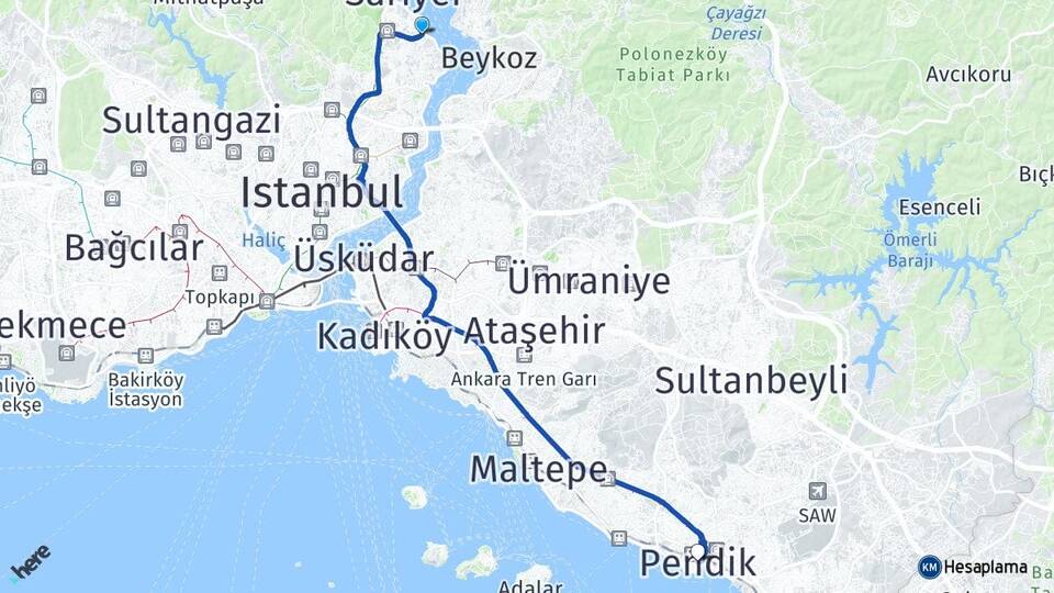 İstanbul Sarıyer Tarabya Pendik Arası Kaç Km - Yol Haritası