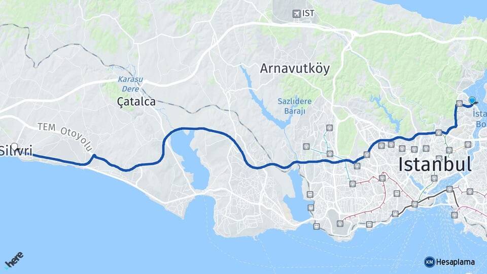 İstanbul Sarıyer Tarabya Silivri Arası Kaç Km - Yol Haritası