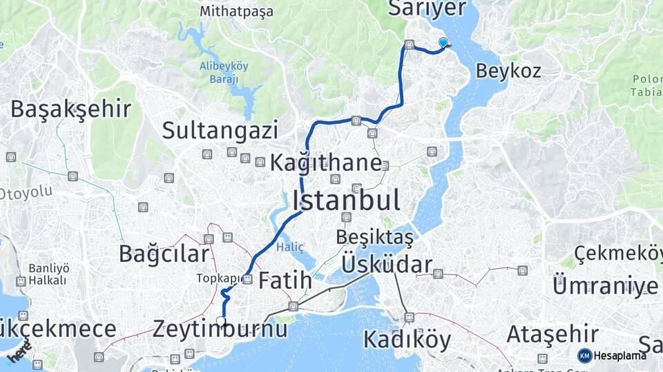 İstanbul Sarıyer Tarabya Zeytinburnu Arası Kaç Km - Yol Haritası