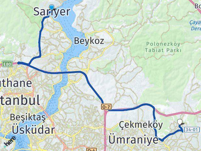 İstanbul Sarıyer Taşdelen Çekmeköy Arası Kaç Km - Yol Haritası