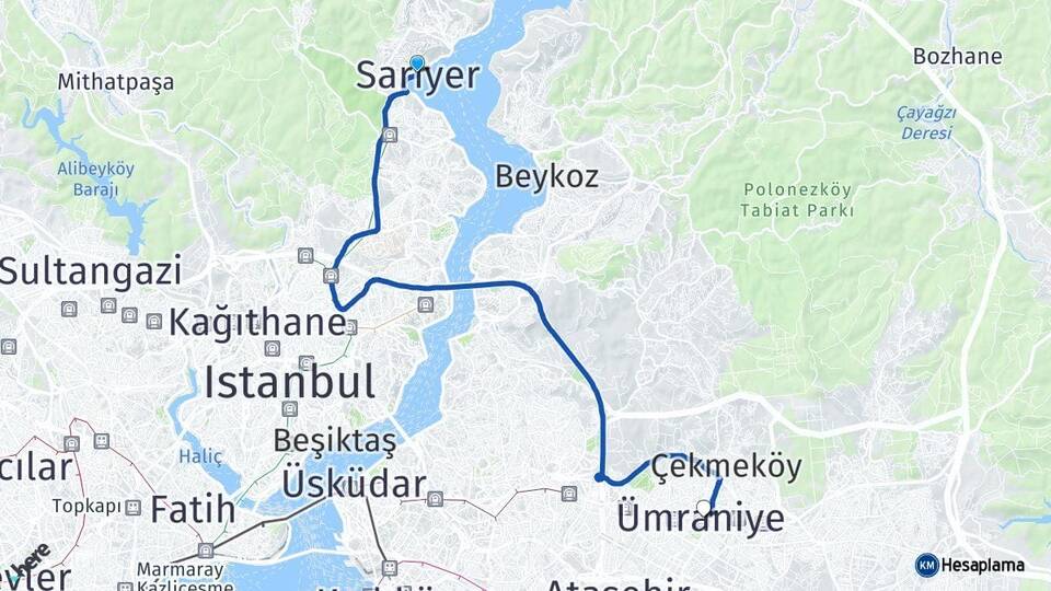 İstanbul Sarıyer Ümraniye Arası Kaç Km - Yol Haritası