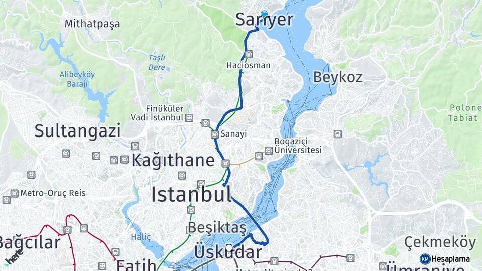 İstanbul Sarıyer Üsküdar Arası Kaç Km - Yol Haritası