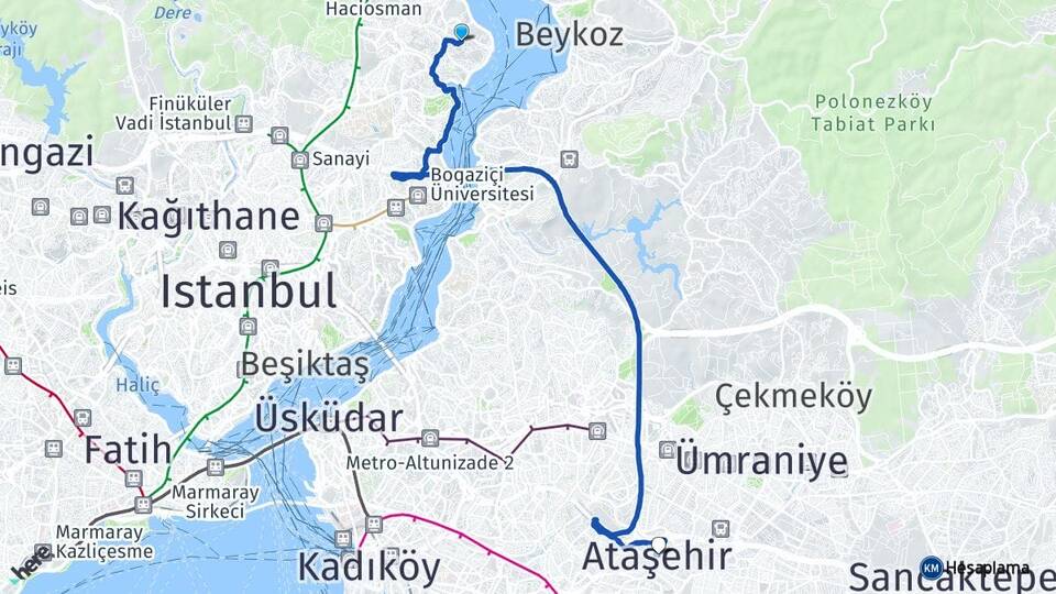 İstanbul Sarıyer Yeniköy Ataşehir Arası Kaç Km - Yol Haritası