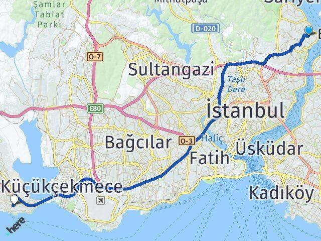 İstanbul Sarıyer Yeniköy Avcılar Arası Kaç Km - Yol Haritası