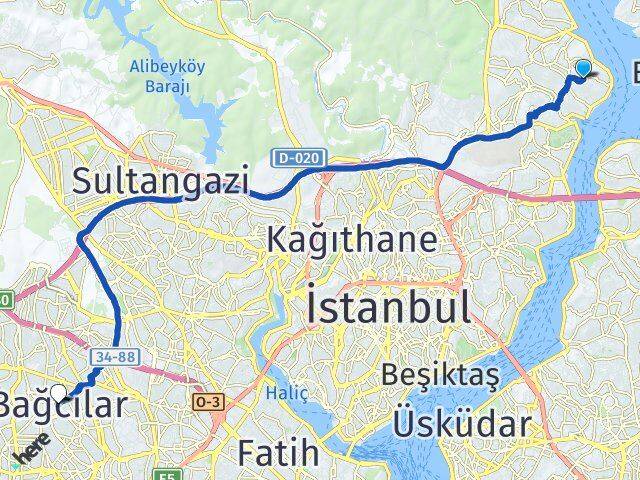 İstanbul Sarıyer Yeniköy Bağcılar Arası Kaç Km - Yol Haritası