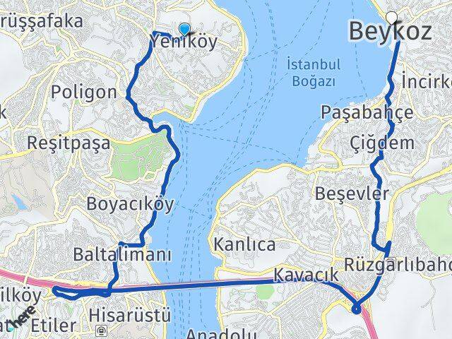 İstanbul Sarıyer Yeniköy Beykoz Arası Kaç Km - Yol Haritası