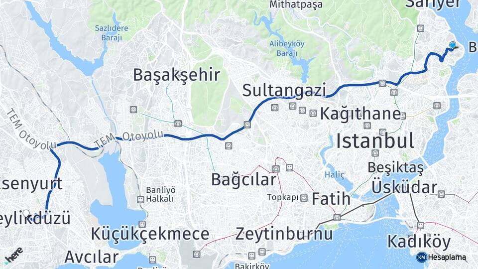 İstanbul Sarıyer Yeniköy Beylikdüzü Arası Kaç Km - Yol Haritası