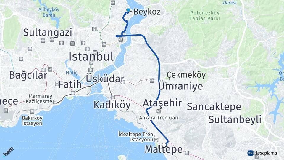 İstanbul Sarıyer Yeniköy Maltepe Arası Kaç Km - Yol Haritası