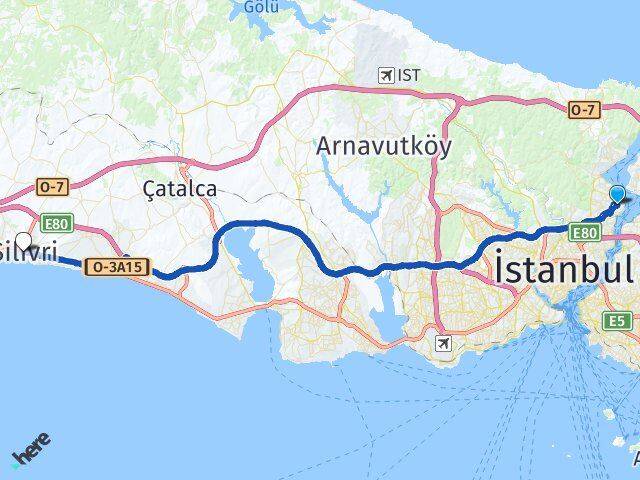 İstanbul Sarıyer Yeniköy Silivri Arası Kaç Km - Yol Haritası