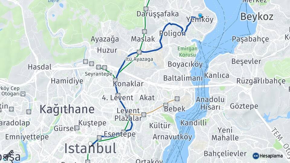 İstanbul Sarıyer Yeniköy Şişli Arası Kaç Km - Yol Haritası
