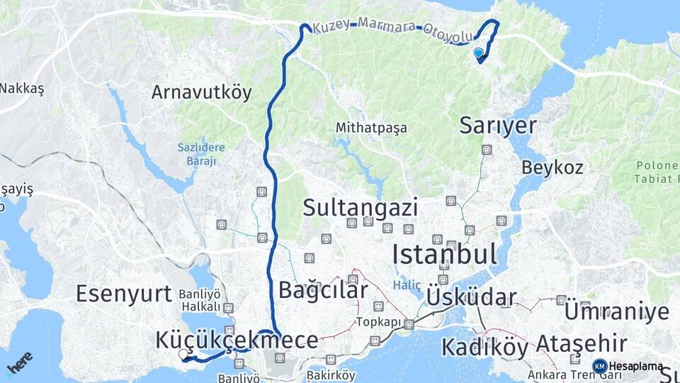 İstanbul Sarıyer Zekeriyaköy Avcılar Arası Kaç Km - Yol Haritası