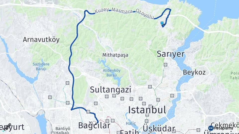 İstanbul Sarıyer Zekeriyaköy Bağcılar Arası Kaç Km - Yol Haritası