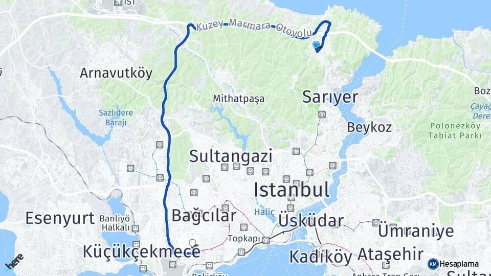 İstanbul Sarıyer Zekeriyaköy Bahçelievler Arası Kaç Km - Yol Haritası