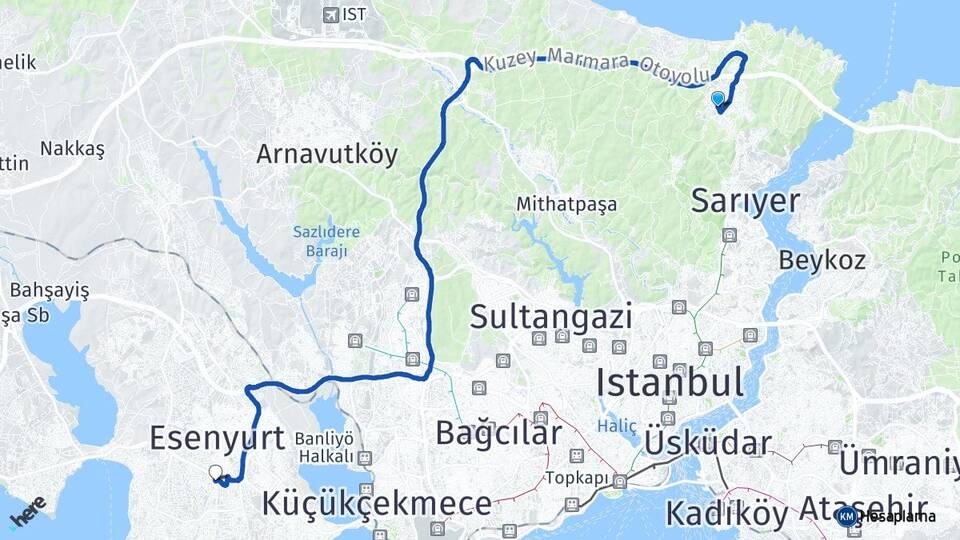İstanbul Sarıyer Zekeriyaköy Beylikdüzü Arası Kaç Km - Yol Haritası