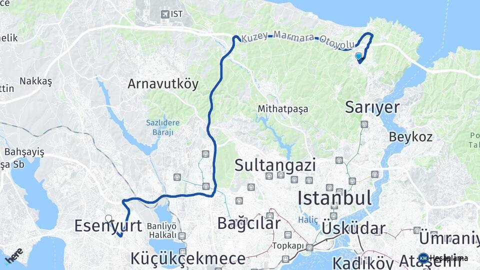 İstanbul Sarıyer Zekeriyaköy Esenyurt Arası Kaç Km - Yol Haritası