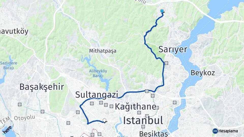 İstanbul Sarıyer Zekeriyaköy Gaziosmanpaşa Arası Kaç Km - Yol Haritası
