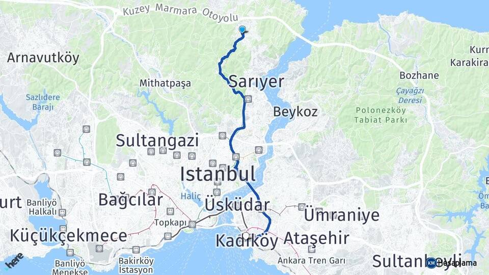 İstanbul Sarıyer Zekeriyaköy Kadıköy Arası Kaç Km - Yol Haritası