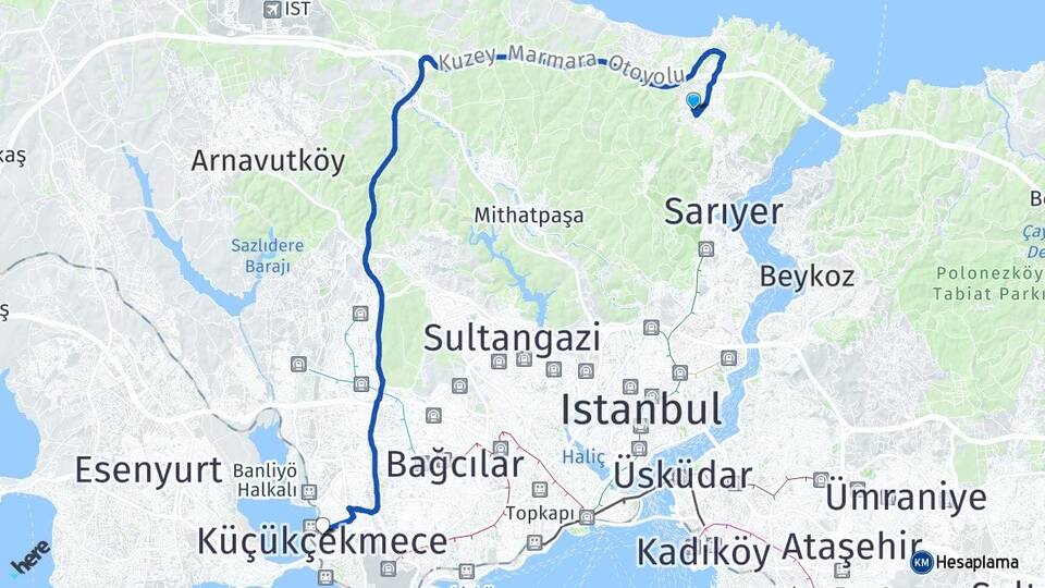 İstanbul Sarıyer Zekeriyaköy Küçükçekmece Arası Kaç Km - Yol Haritası