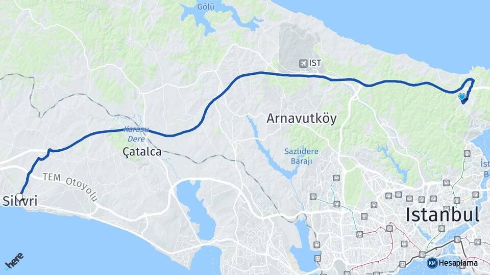 İstanbul Sarıyer Zekeriyaköy Silivri Arası Kaç Km - Yol Haritası