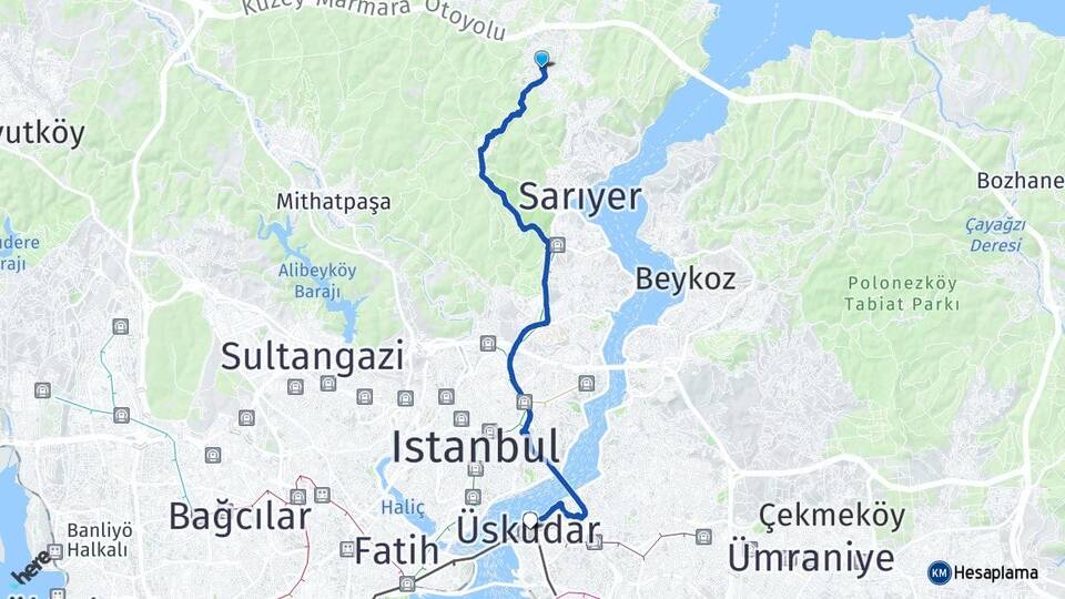 İstanbul Sarıyer Zekeriyaköy Üsküdar Arası Kaç Km - Yol Haritası