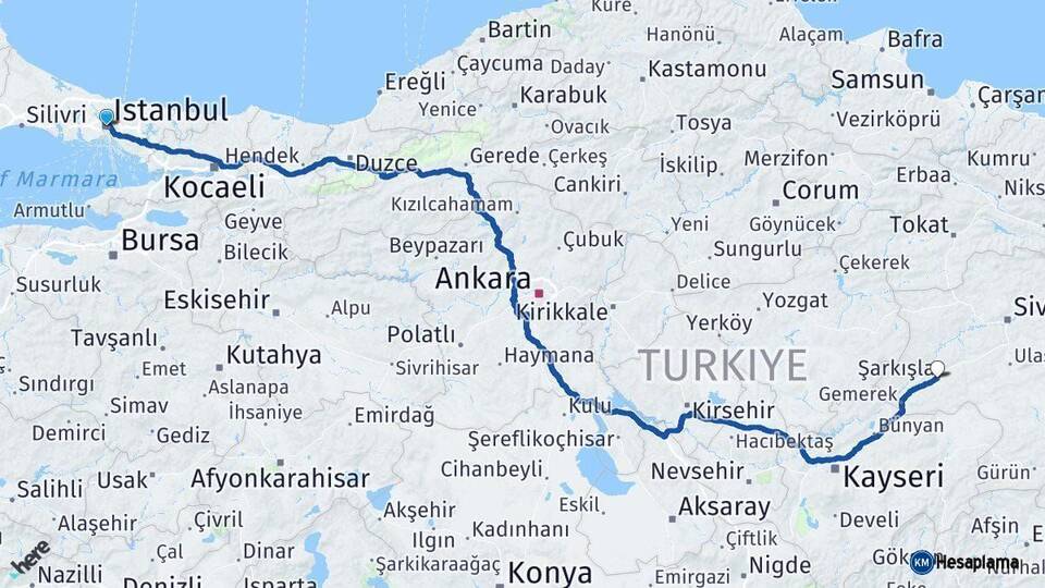 İstanbul Şarkışla Sivas Arası Kaç Km - Yol Haritası