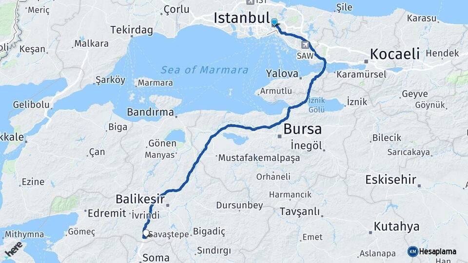 İstanbul Savaştepe Balıkesir Arası Kaç Km - Yol Haritası