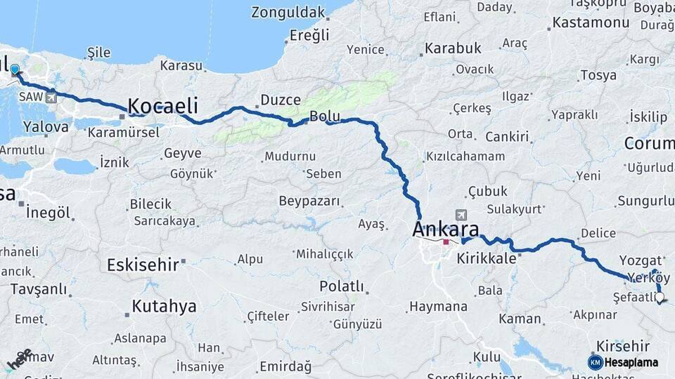 İstanbul Şefaatli Yozgat Arası Kaç Km - Yol Haritası