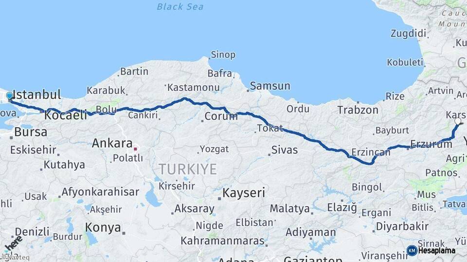 İstanbul Selim Kars Arası Kaç Km - Yol Haritası