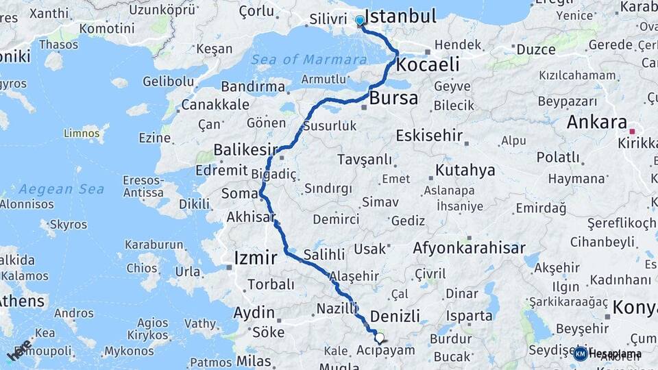 İstanbul Serinhisar Denizli Arası Kaç Km - Yol Haritası