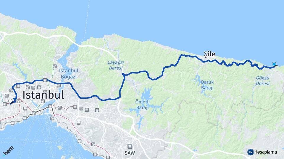 İstanbul Şile Ağva Bağcılar Arası Kaç Km - Yol Haritası