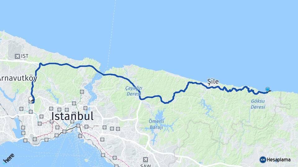 İstanbul Şile Ağva Başakşehir Arası Kaç Km - Yol Haritası