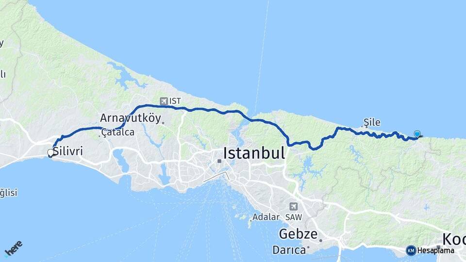 İstanbul Şile Ağva Silivri Arası Kaç Km - Yol Haritası