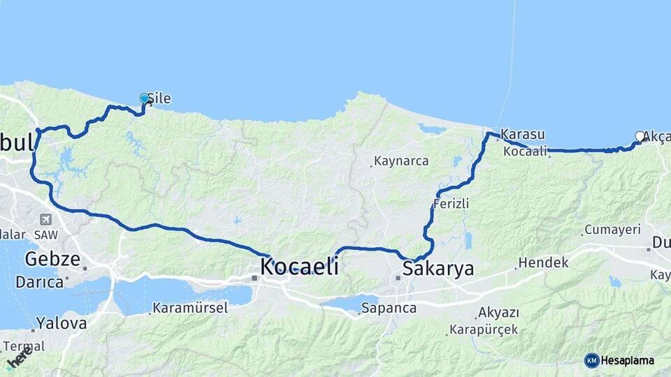İstanbul Şile Akçakoca Düzce Arası Kaç Km - Yol Haritası