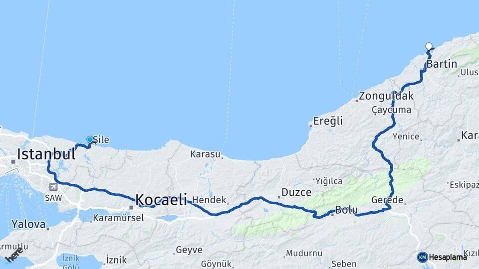 İstanbul Şile Amasra Bartın Arası Kaç Km - Yol Haritası