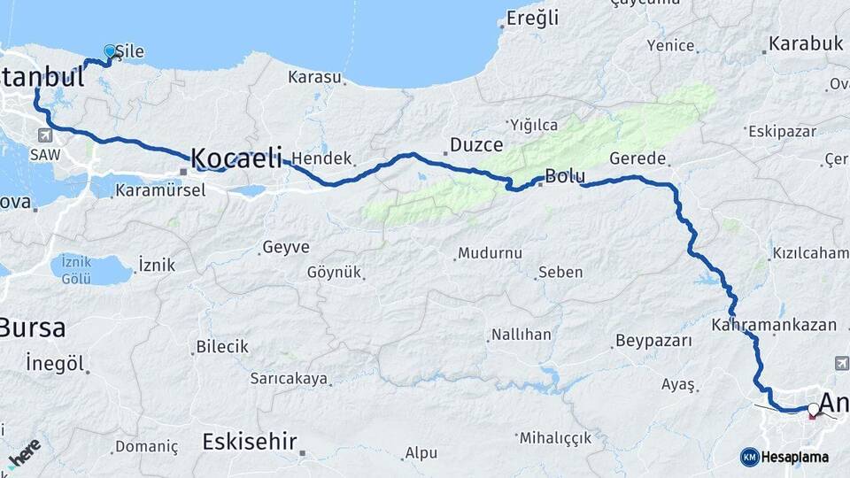 İstanbul Şile Ankara Arası Kaç Km - Yol Haritası
