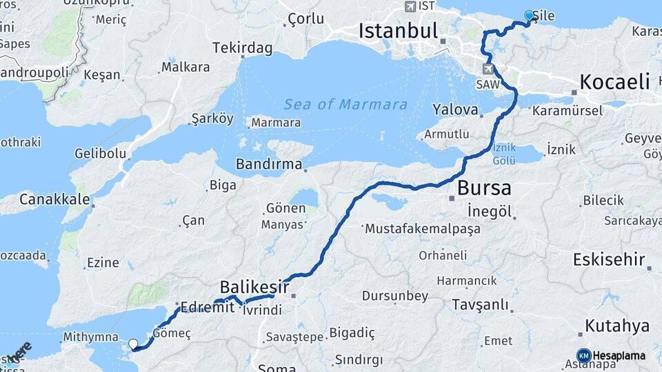 İstanbul Şile Ayvalık Balıkesir Arası Kaç Km - Yol Haritası