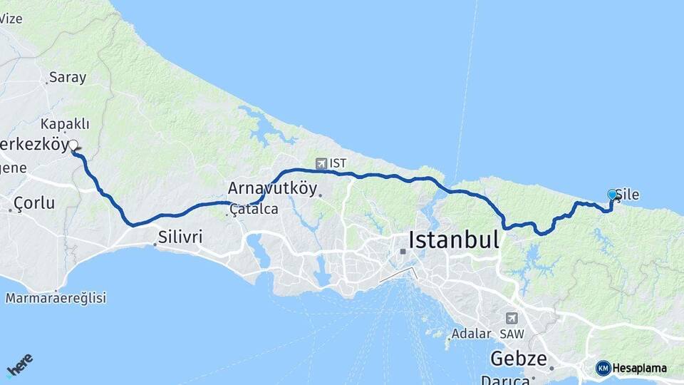İstanbul Şile Çerkezköy Tekirdağ Arası Kaç Km - Yol Haritası