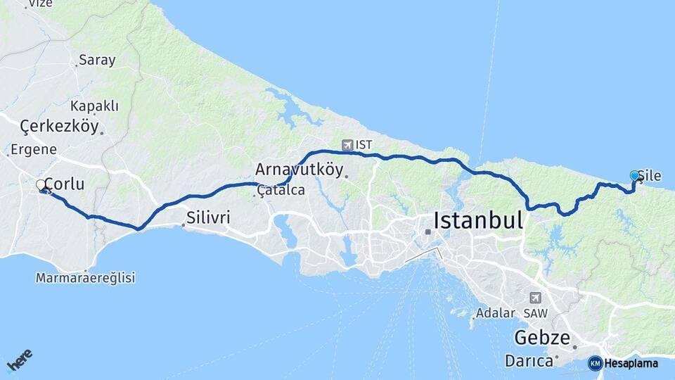 İstanbul Şile Çorlu Tekirdağ Arası Kaç Km - Yol Haritası